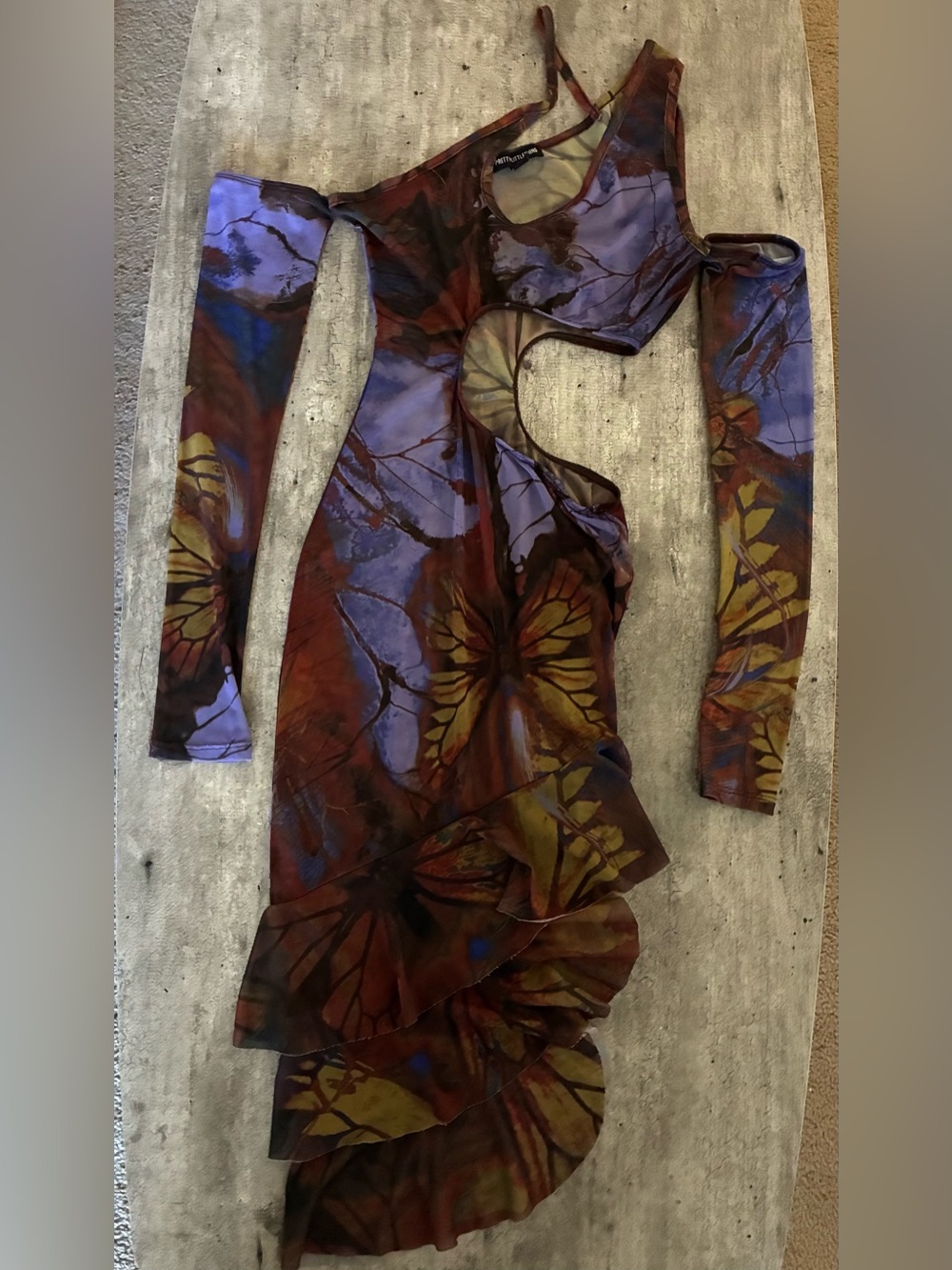 PrettyLittleThing Brown & Purple Butterfly Cutout Ruffle Dress
